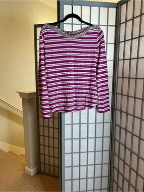 Anthropologie Postmark Magenta and White Striped Long-Sleeve Scoop Neck Top